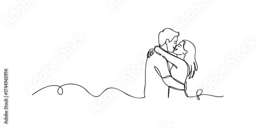Couple embracing and kissing, single line drawing