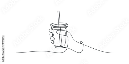Hand holding cup with straw in single line drawing