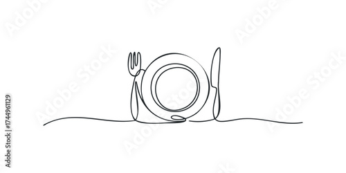 Minimalist Plate and Utensils Continuous Line Drawing