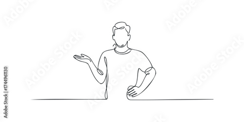 Single line drawing man gesturing with open hand
