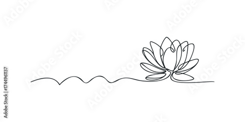 Single line drawing of a lotus flower with a wavy line
