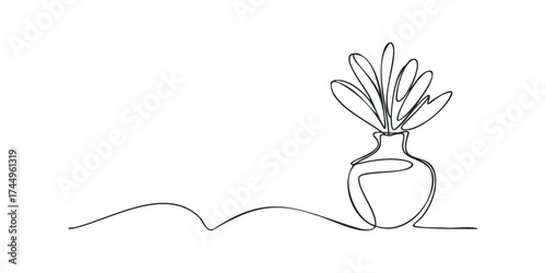 Minimalist black line art of a vase with leaves