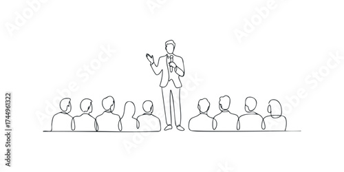 Speaker addressing audience with microphone in simple line drawing