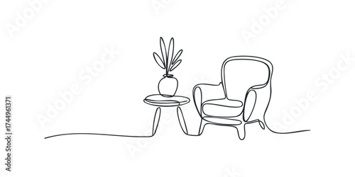 Minimalist armchair and side table with plant