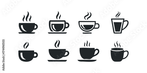 Set of stylized black coffee cup icons with steam