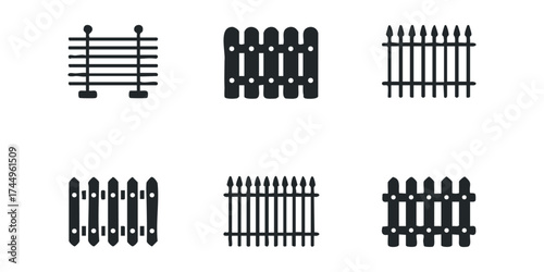 Six different black silhouette fence designs on white background
