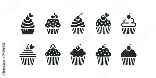 Set of diverse cupcake icons with varied toppings