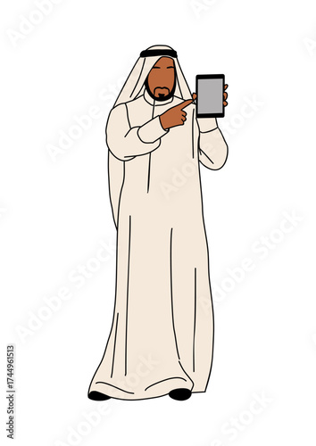 Minimalist colored outline illustration of a Middle Eastern man in traditional thobe and ghutra, holding a tablet and pointing. Modern sketch style vector on transparent background