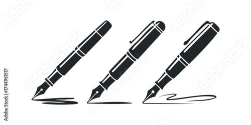 Three Fountain Pens Writing Ink Lines Vector Graphic