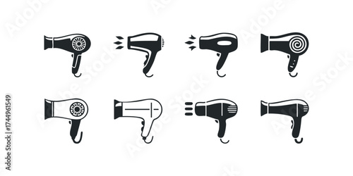Collection of eight stylized hairdryer icons