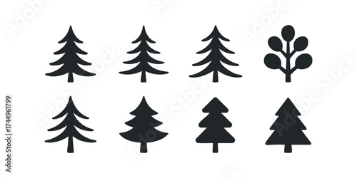 Group of stylized pine trees and berry branch silhouetted