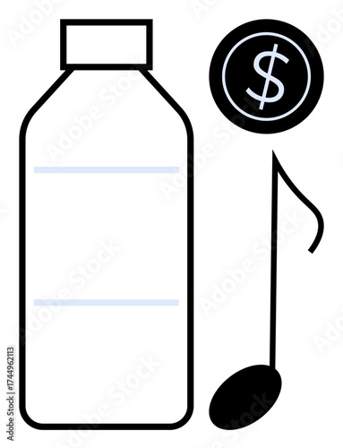Simplified design showing a bottle, a dollar coin, and a music note. Ideal for finance, creativity, consumerism, income, sustainability, wellness artistic expression simple flat metaphor