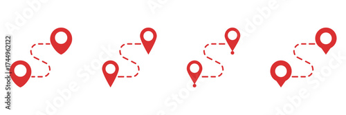 Red Location Pin With Dotted Path Solid Icon Set. Navigation, Route Planning, And Gps Tracking Silhouette Symbol Collection. Travel And Directional Guidance. Isolated Vector Illustration