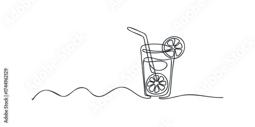 Continuous line drawing of a tall glass with citrus slices and straw