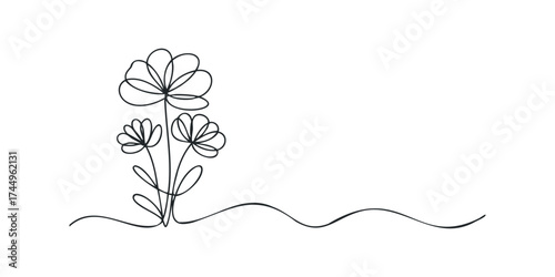 Simple line art three flowers with wavy stem