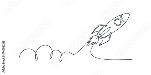 Single line drawing of rocket ship taking off with smoke trail