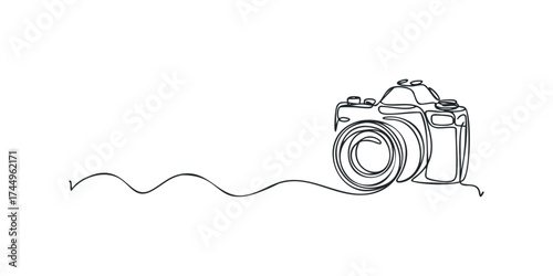 Continuous line drawing of a vintage camera with wavy tail