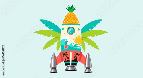 Tropical rocket ship with pineapple top and palm tree details for summer travel.