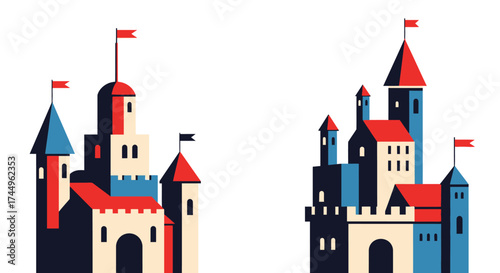 Two Colorful Stylized Castles with Flags on White Background.