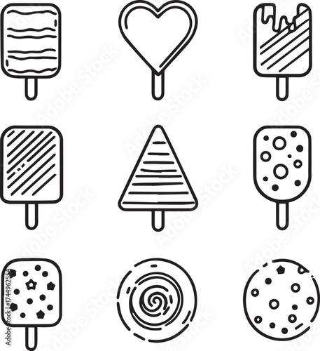Ice cream and popsicle icon set — black and white 3×3 grid of playful frozen treat designs with hearts, stars, swirls, and bites
