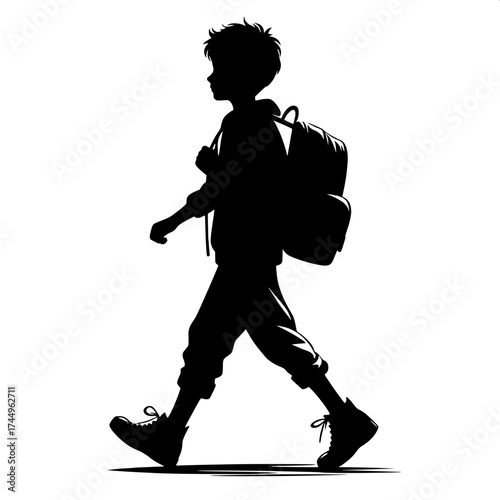 Black and White Vector Silhouette of a Boy Walking with Backpack