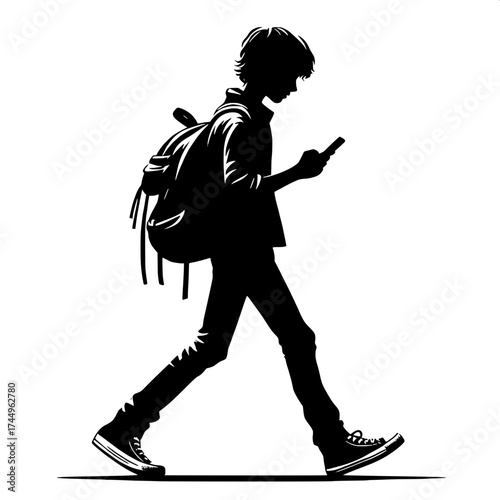 Black and White Vector Silhouette of a Boy Walking with Backpack