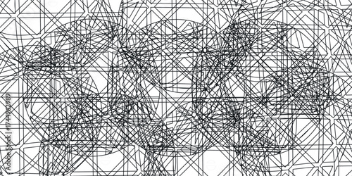 Abstract black and white artwork featuring a complex network of intersecting lines and geometric shapes.