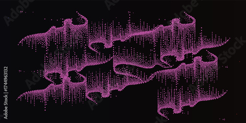 Artistic representation of aurora borealis, with a vibrant pink hue against a dark background.