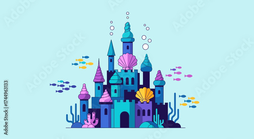 Underwater castle illustration with colorful towers and sea life around.