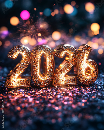 2026 colourful new years celebration with fireworks and the numbers 2026