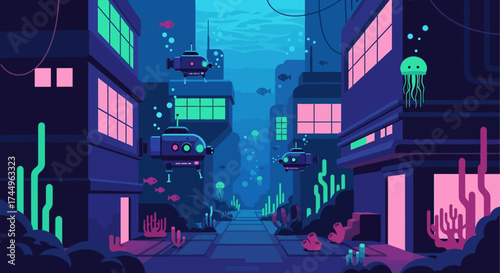 Underwater city with futuristic buildings and submarines exploring the depths.