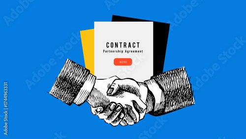 Trendy collage with sketch handshake, business contract, agreement, partnership, cooperation, success, trust. Concept of teamwork, deal, corporate collaboration. Retro hand drawn vector illustration.