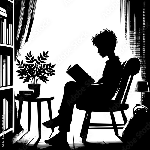 Black and White Vector Silhouette of a Boy Reading a Book While Sitting