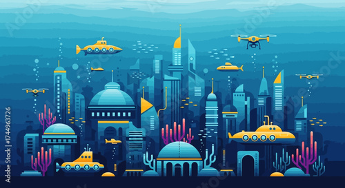 Underwater Cityscape with Submarines and Marine Life in a Vibrant Illustration.