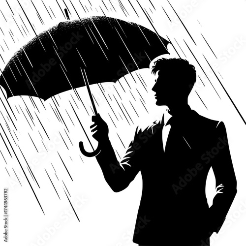 Black and White Vector Silhouette of a Man Opening an Umbrella