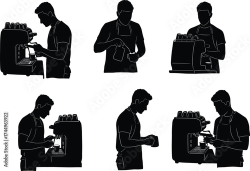 Barista silhouettes brewing, espresso machine operation, coffee preparation, milk steaming, drink pouring, professional gesture, cafe staff, uniform, service, equipment