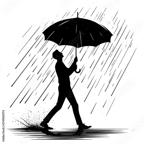 Black and White Vector Silhouette of a Man Opening an Umbrella