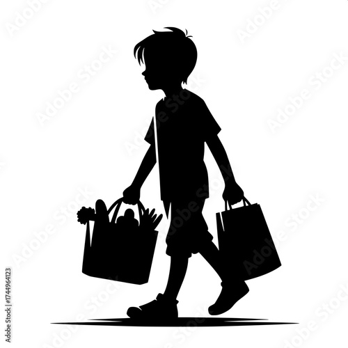 Black and White Vector Silhouette of a Boy Carrying Grocery Bag