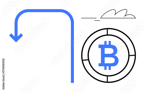 Bold blue arrow turns backward beside Bitcoin coin and clouds, symbolizing retrieval, rethinking, and resource recovery. Ideal for cryptocurrency, finance, innovation, blockchain, savings growth