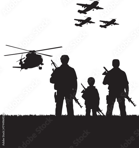Armed forces personnel and aircraft silhouette art