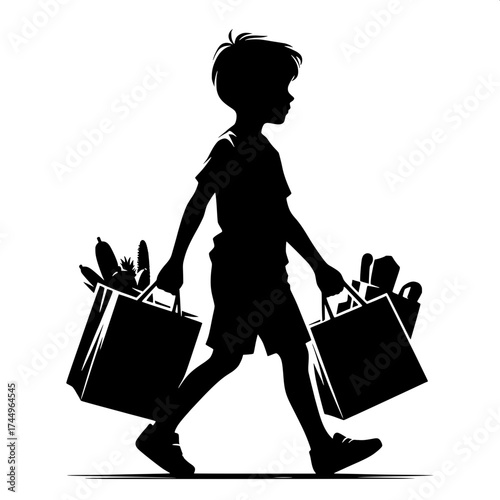 Black and White Vector Silhouette of a Boy Carrying Grocery Bag