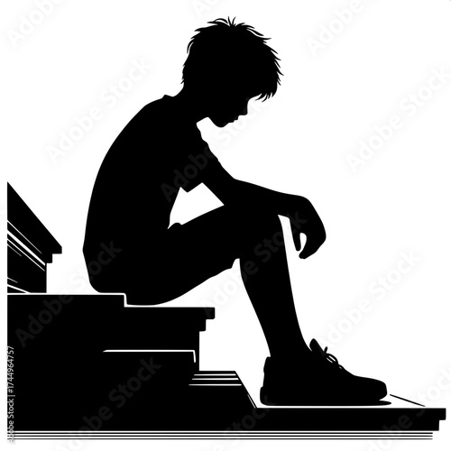 Black and White Vector Silhouette of a Boy Sitting on Stairs