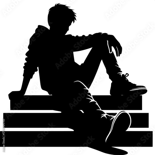 Black and White Vector Silhouette of a Boy Sitting on Stairs
