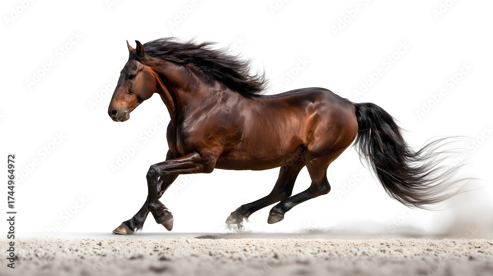 Obraz premium Majestic Brown Horse Galloping Across Sandy Terrain