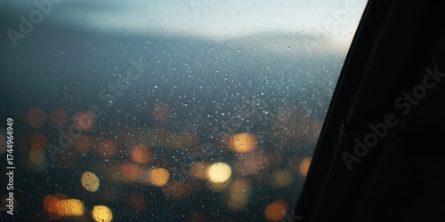 Raindrops On Window With Blurred City Lights In Background. Captures Mood Of A Rainy Evening In Urban Setting