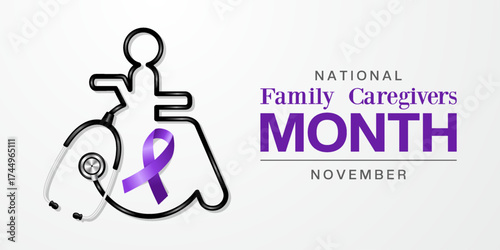 November Is National Family Caregivers Month. People shaped stethoscope and ribbon. Suitable for posters, banners and social media. White background.