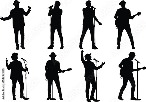 Musicians performing on stage, singers with microphones, guitar players silhouette, live concert illustration, entertainment concept, music show, cad drawing flat vector