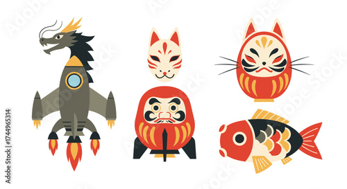 Vector illustration set of Japanese cultural symbols and toys.