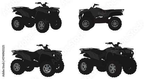 Four black silhouettes of all terrain vehicles arranged on a white background