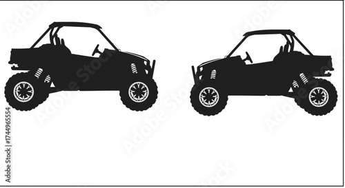 Silhouettes of two off road vehicles against a plain white background